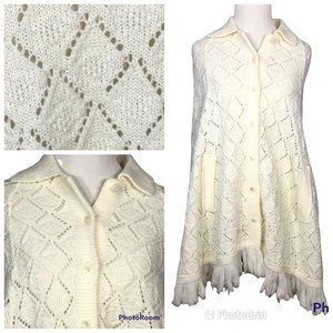 Vintage 60s White/Off White Cape with Collar and Arm Holes, Retro Fringed Cape